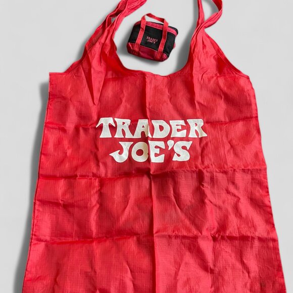 TRADER JOE'S MICRO TOTE (RED w/Black Straps) with GROCERY BAG BRAND NEW FOLDABLE - Picture 8 of 9